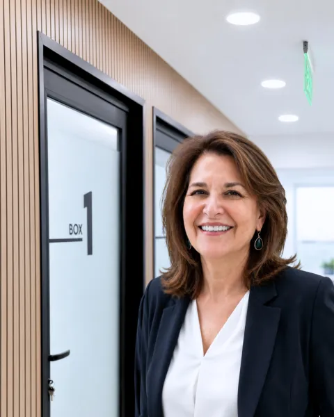 Paciente sonriente en el pasillo de la clínica junto al box de atención
