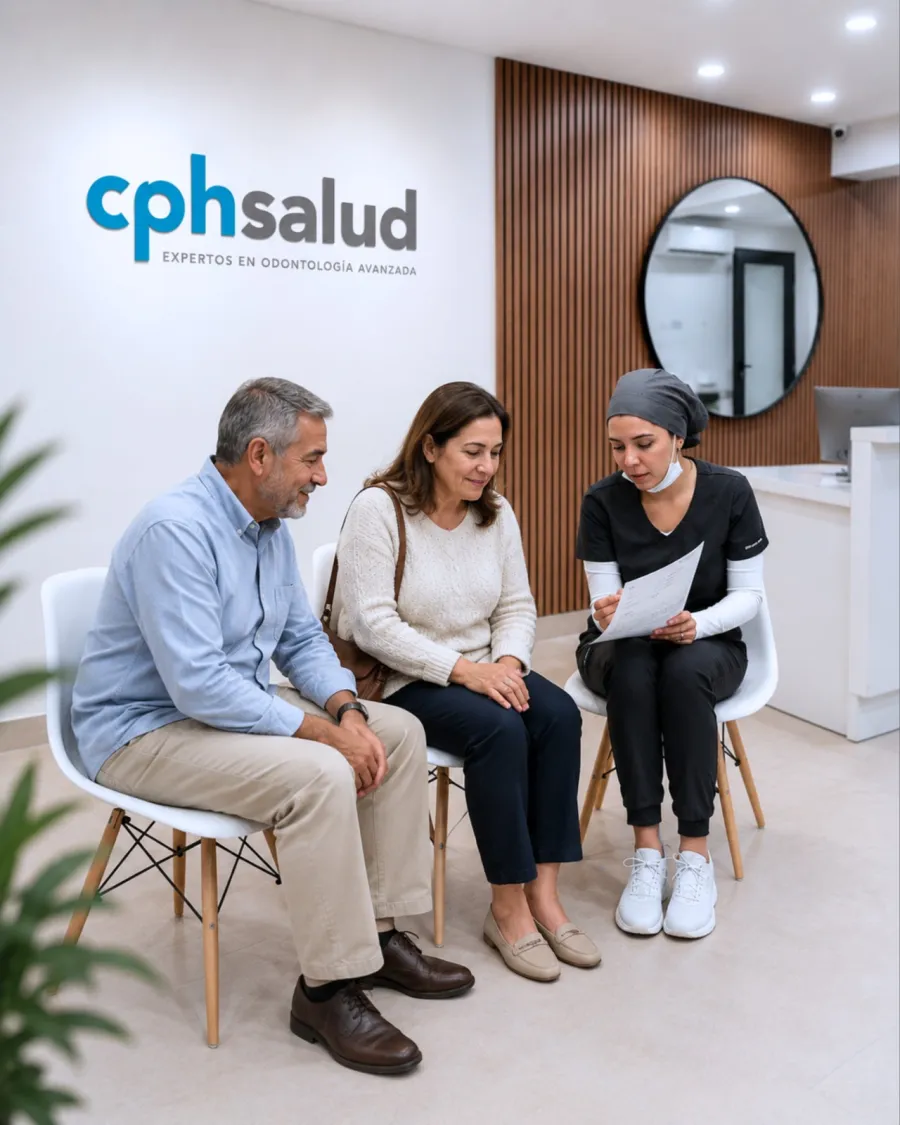Asistente de CPH Salud revisando un documento con una pareja de pacientes en la sala de espera
